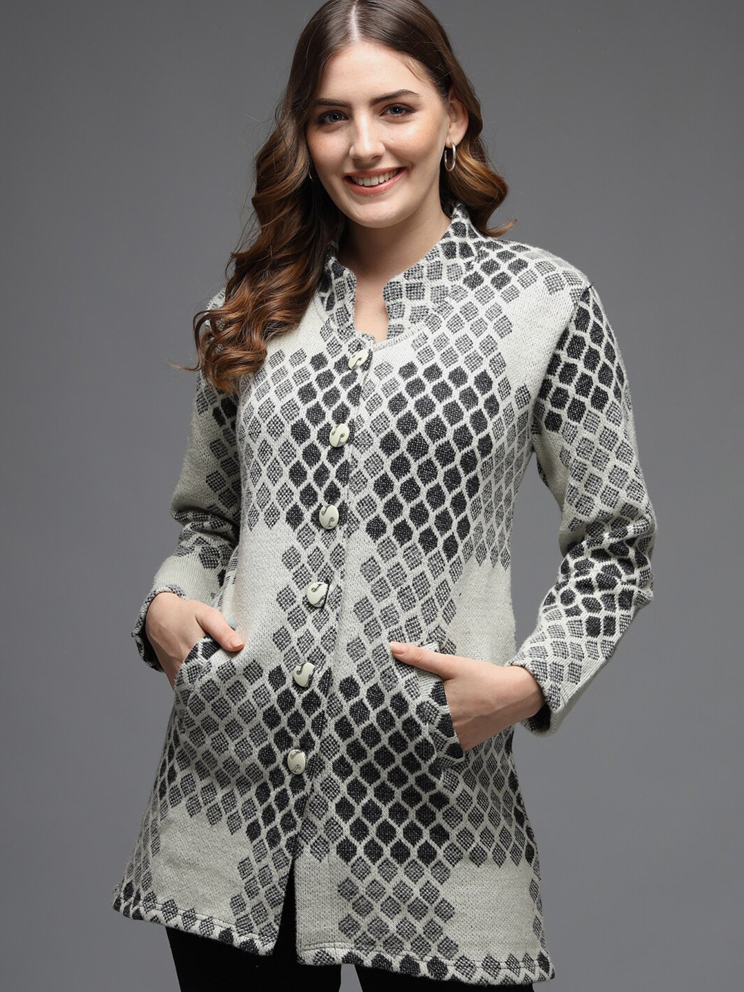 

eWools Geometric Printed Acrylic Wool Longline Cardigan Sweater, Beige