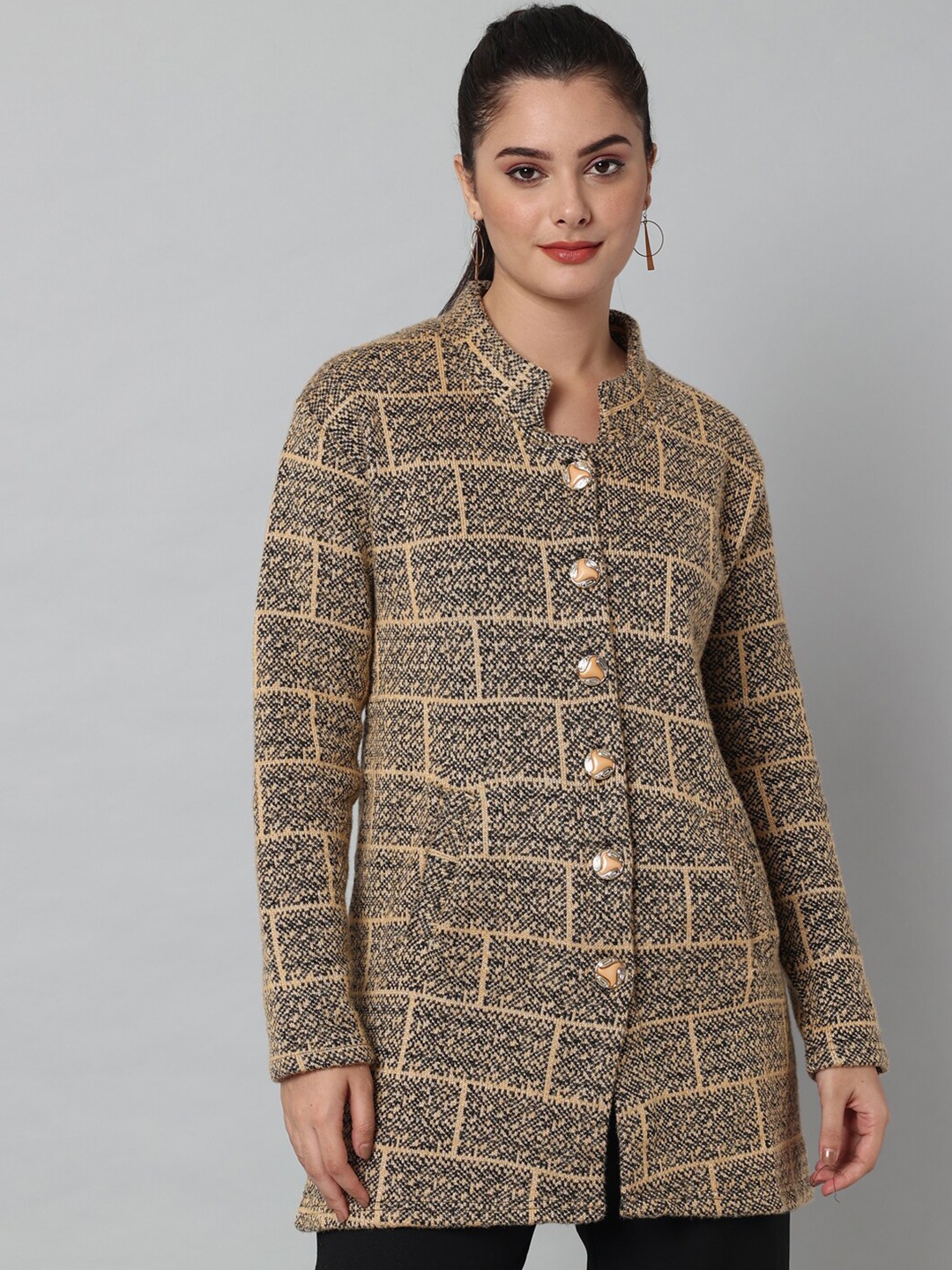 

eWools Checked Mandarin Collar Acrylic Wool Longline Cardigan Sweater, Camel brown