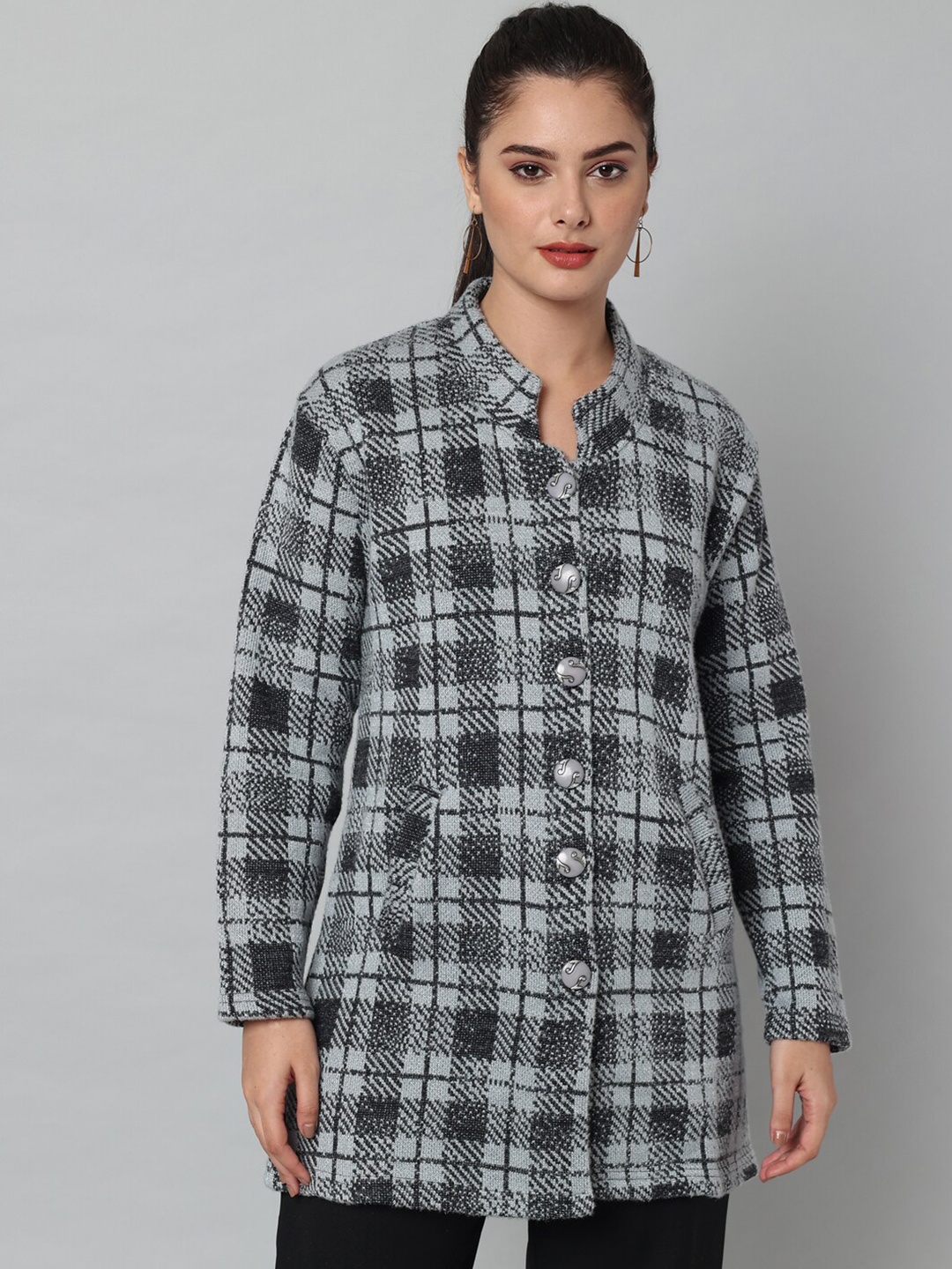 

eWools Checked Mandarin Collar Acrylic Wool Longline Cardigan Sweater, Grey