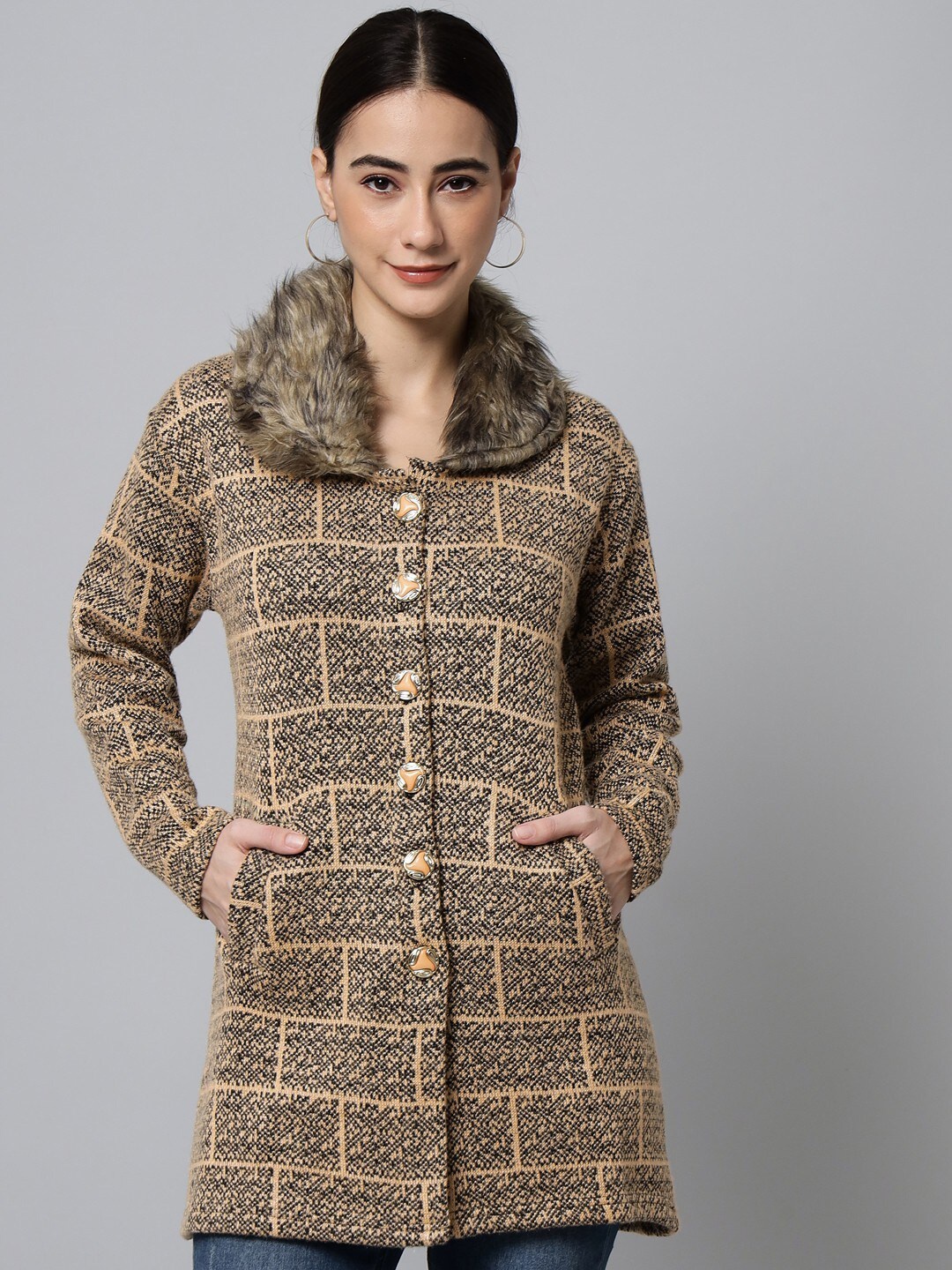 

eWools Checked Woollen Cardigan, Gold