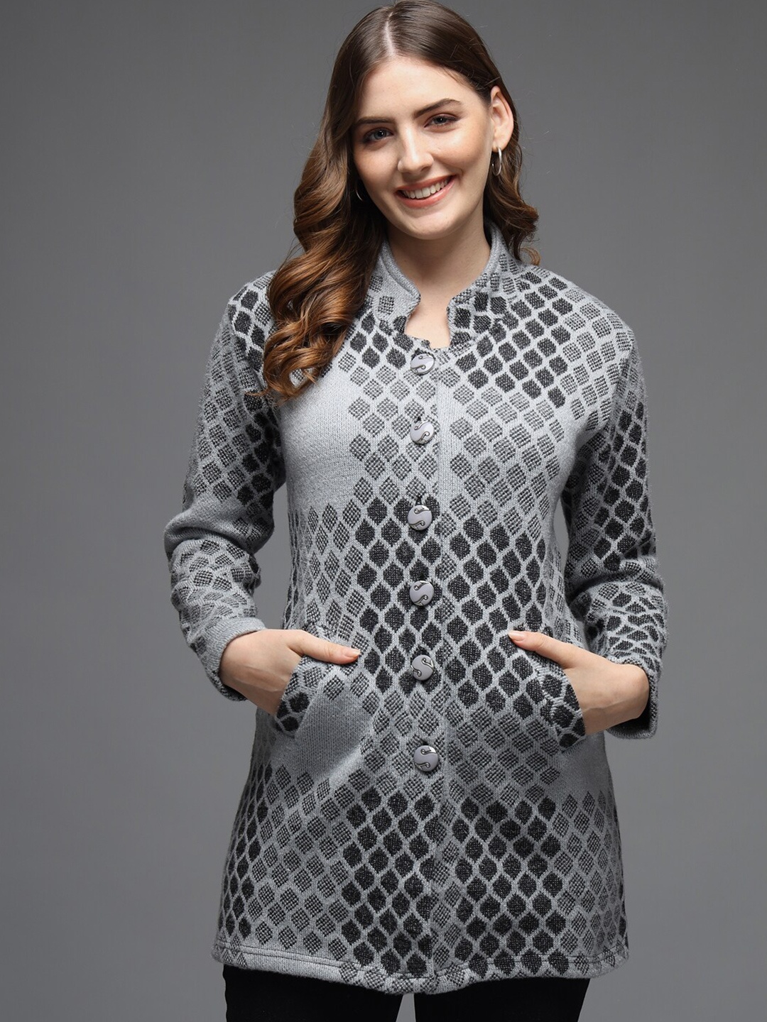 

eWools Geometric Printed Mandarin Collar Acrylic Wool Longline Cardigan Sweater, Grey