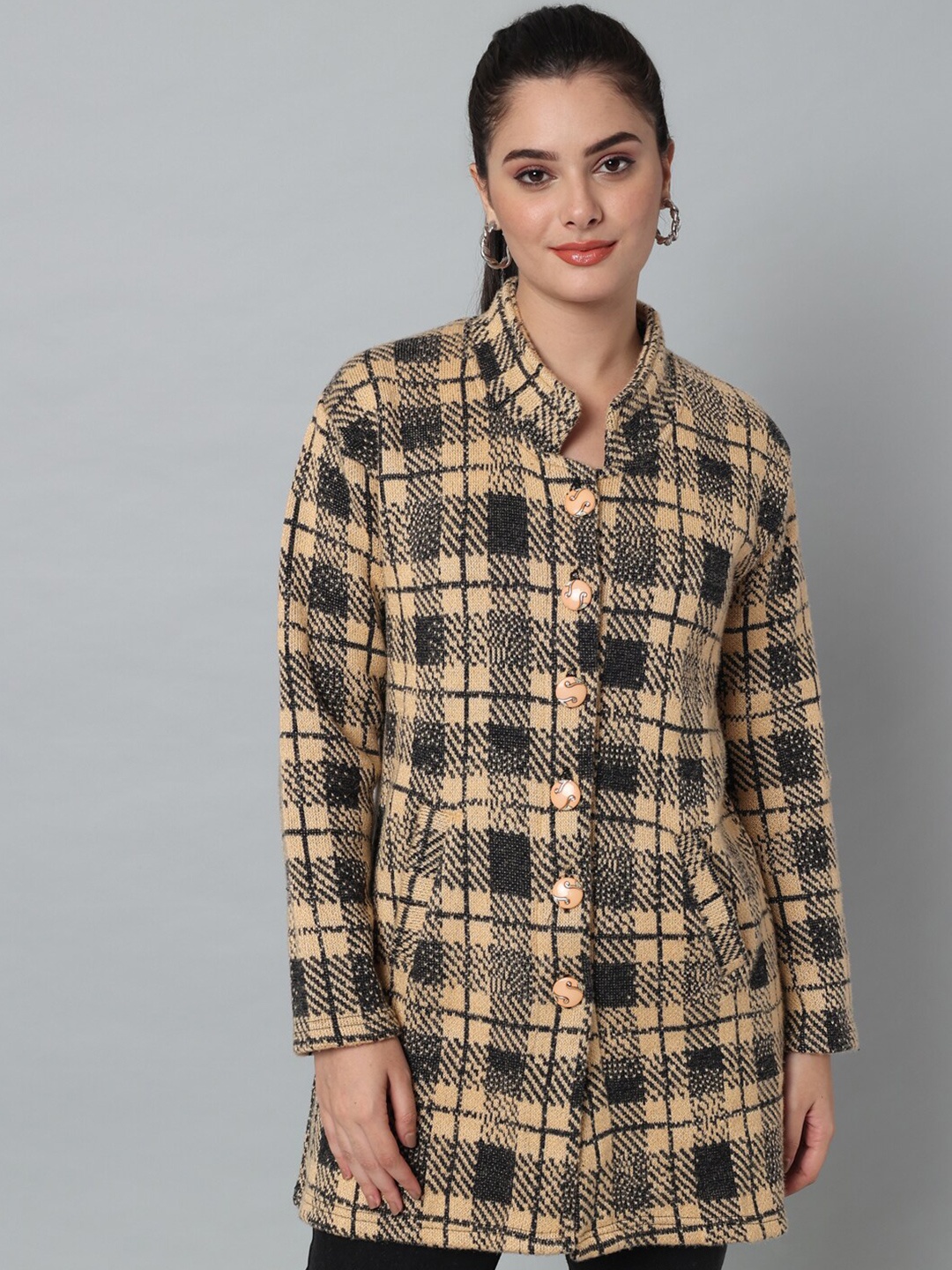 

eWools Checked Mandarin Collar Acrylic Wool Longline Cardigan Sweater, Beige