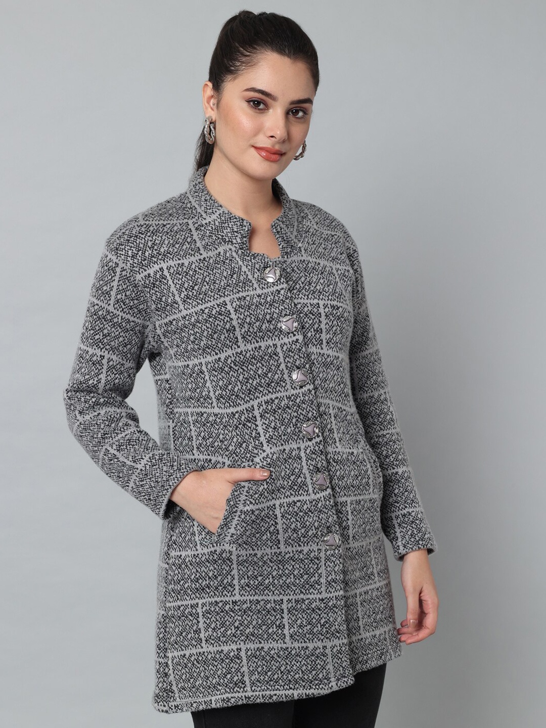 

eWools Self Design Checked Acrylic Woollen Longline Cardigan, Grey