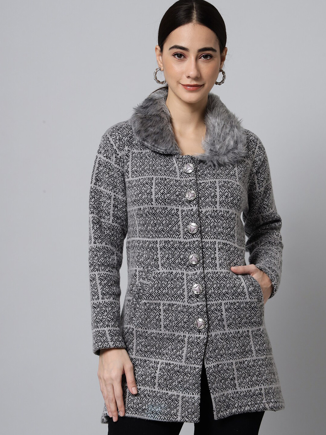 

eWools Lapel Collar Checked Longline Sweater, Grey