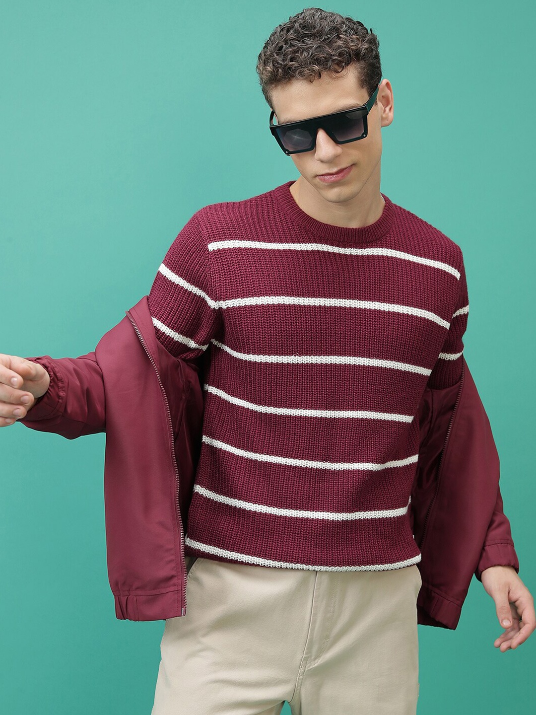 

HIGHLANDER Striped Acrylic Pullover Sweater, Burgundy