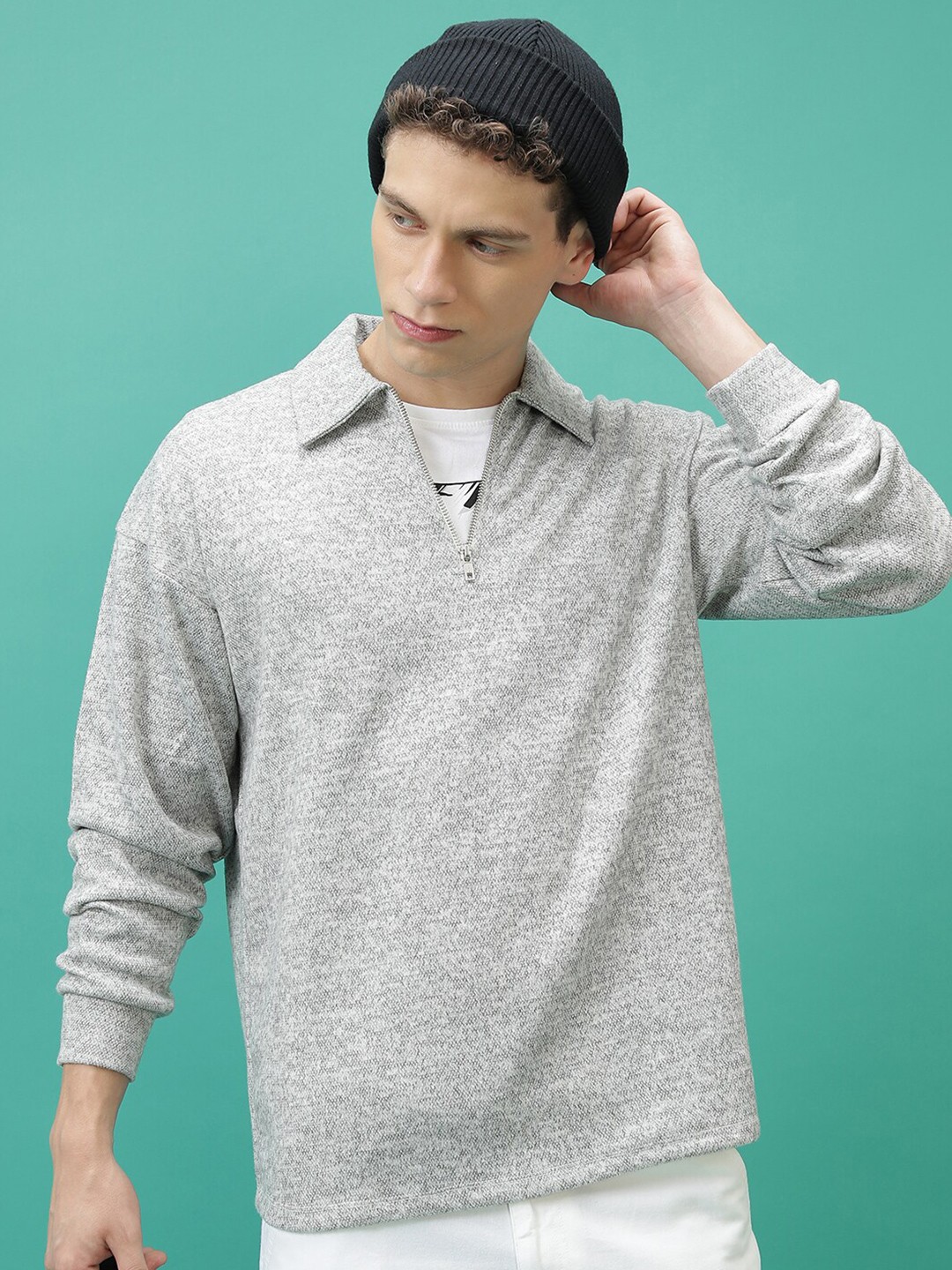 

HIGHLANDER Self Design Lapel Collar Pullover Sweaters, Grey