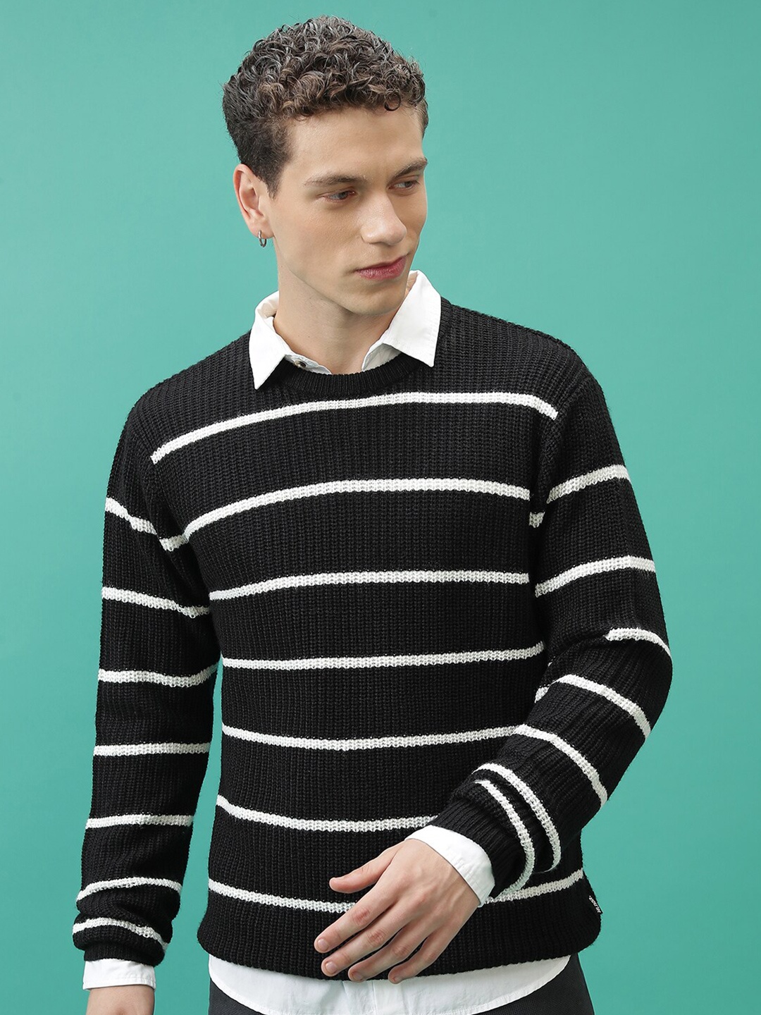 

HIGHLANDER Striped Acrylic Pullover Sweater, Black