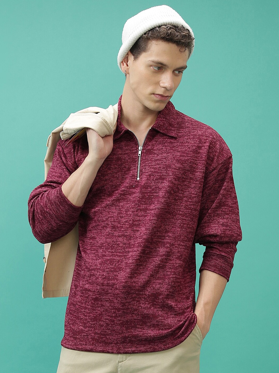 

HIGHLANDER Printed Lapel Collar Pullover, Maroon