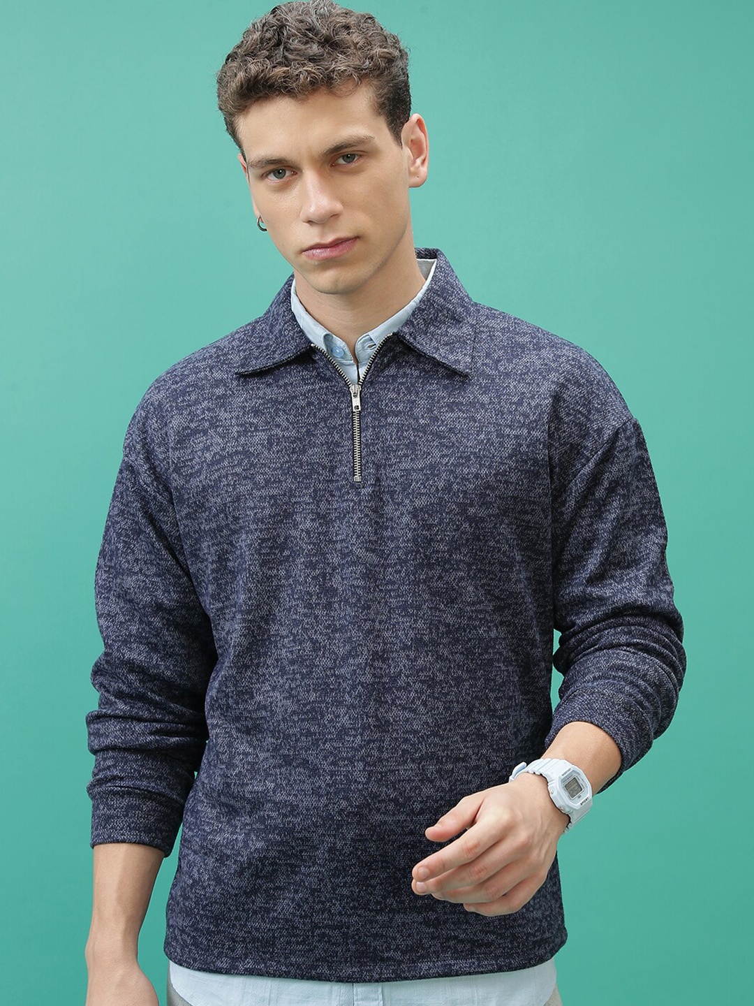 

HIGHLANDER Printed Lapel Collar Pullover, Navy blue