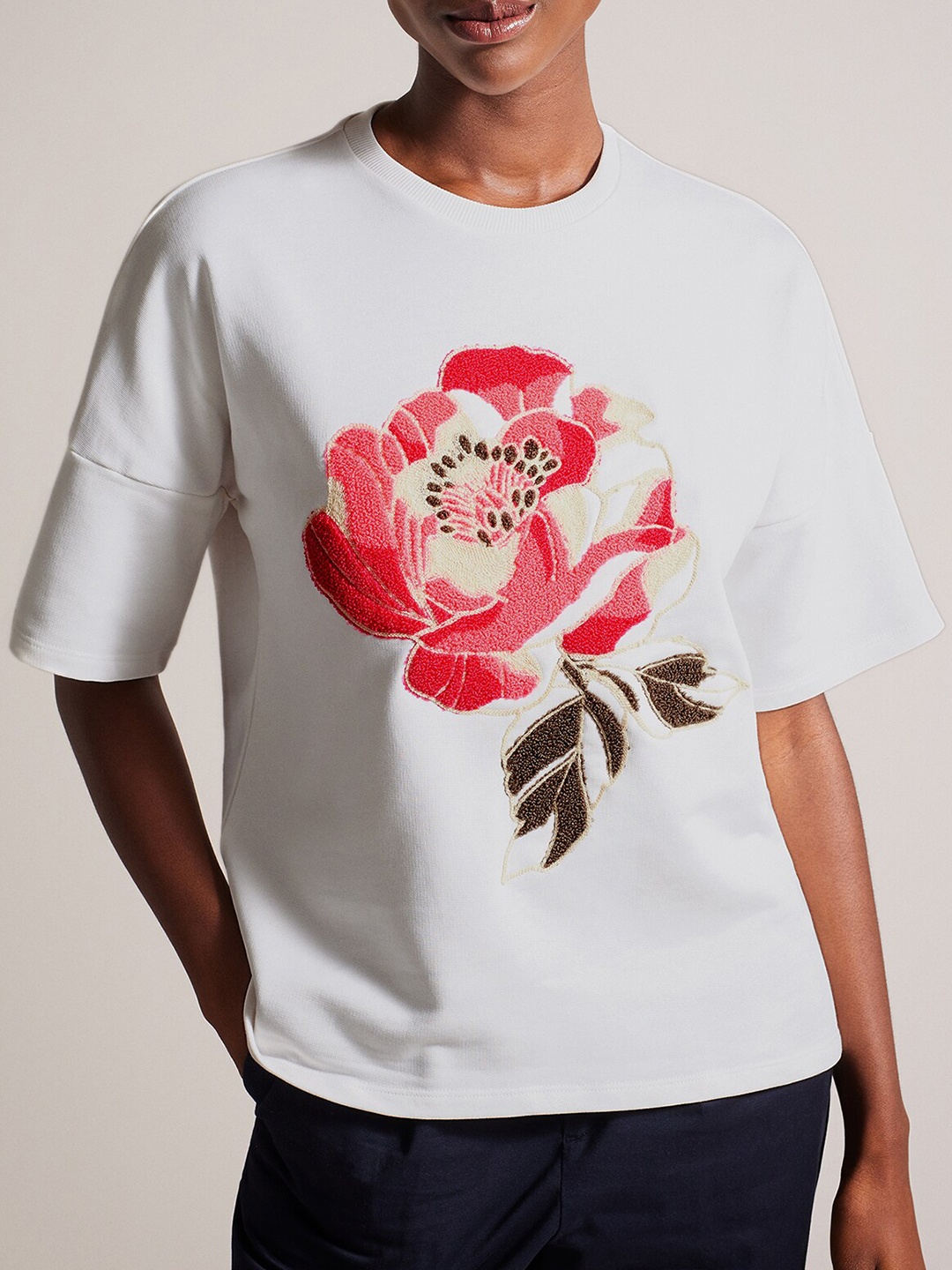 

Ted Baker Floral Embroidered Pure Cotton Boxy T-shirt, White