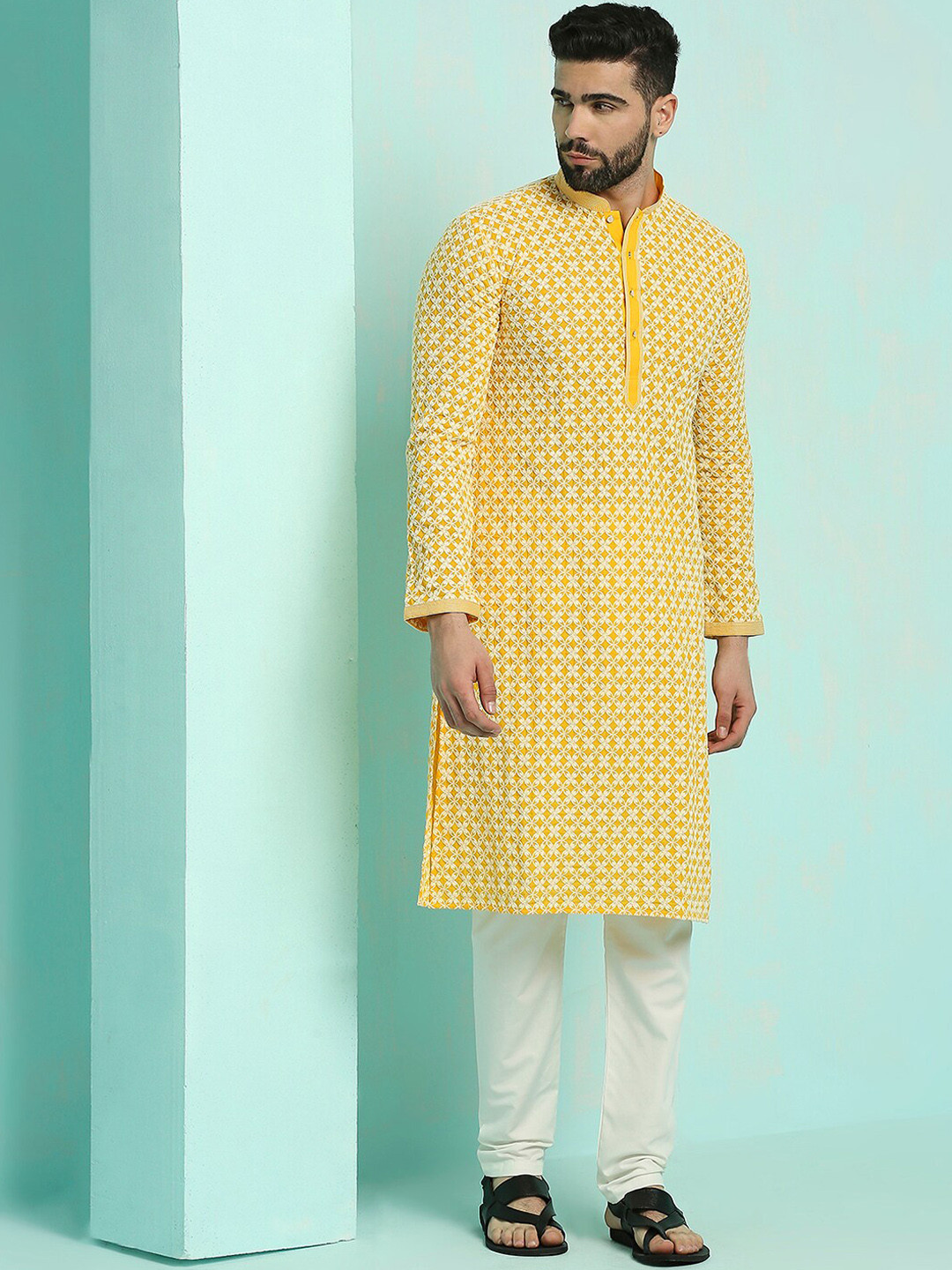 

RAJUBHAI HARGOVINDAS Floral Embroidered Chikankari Pure Cotton Kurta with Churidar, Yellow