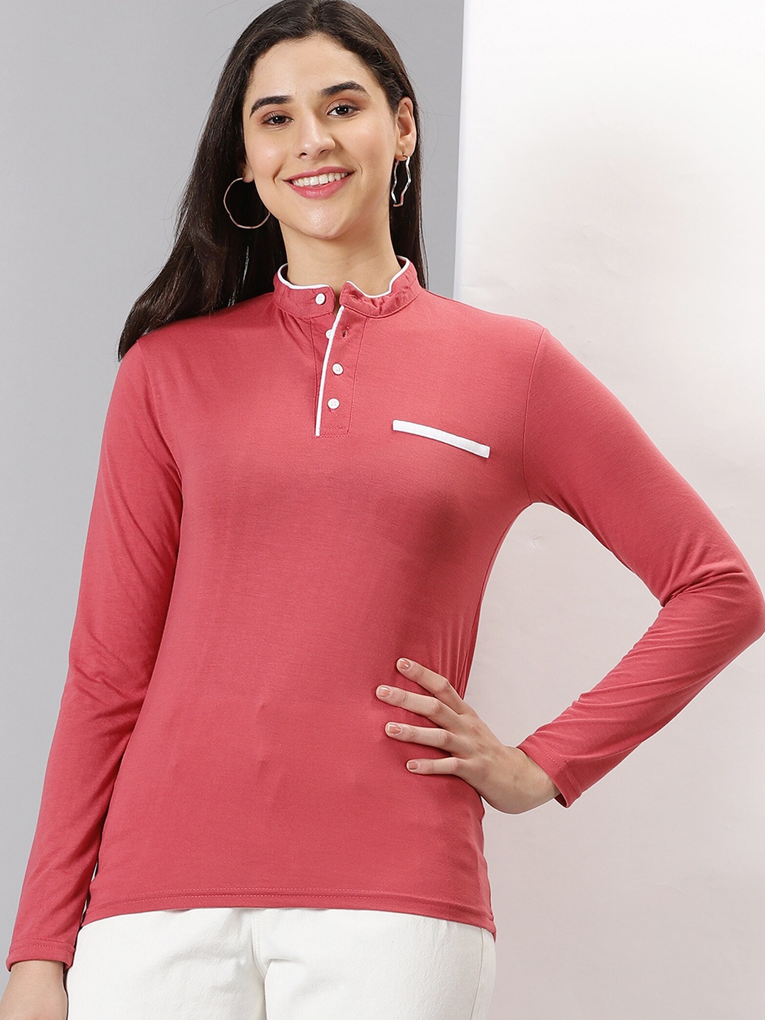 

AUSK Band Collar Full Sleeves T-shirt, Peach