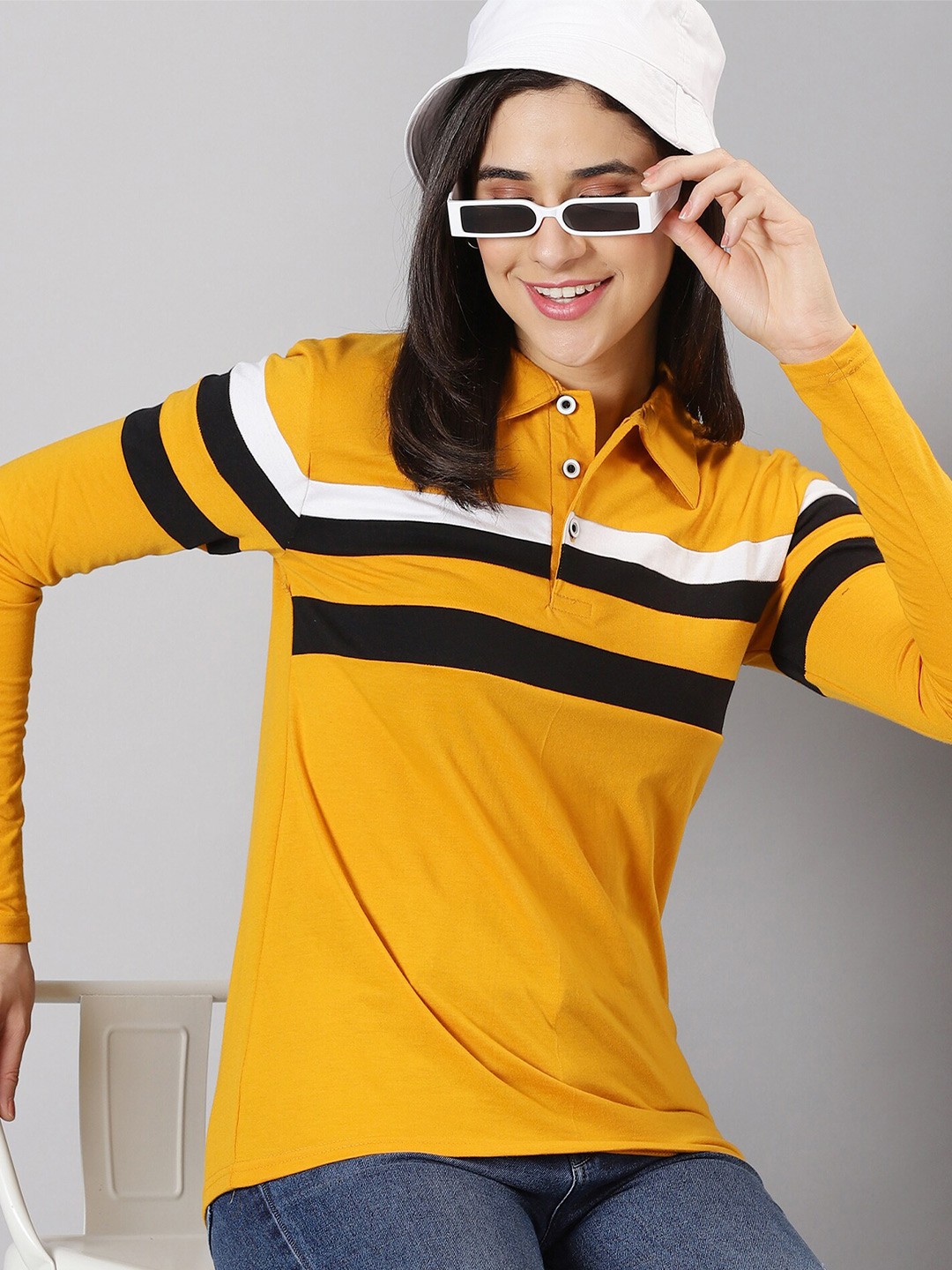 

AUSK Striped Polo Collar T-shirt, Mustard