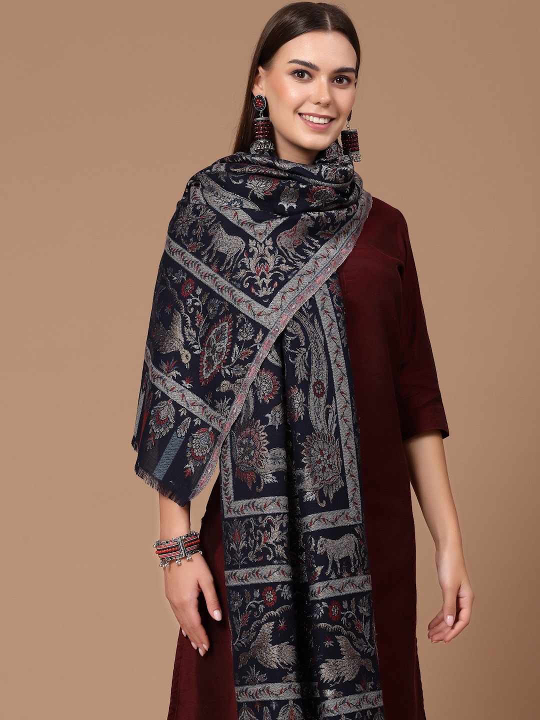 

SWI Stylish Woven Design Woollen Shawl, Navy blue