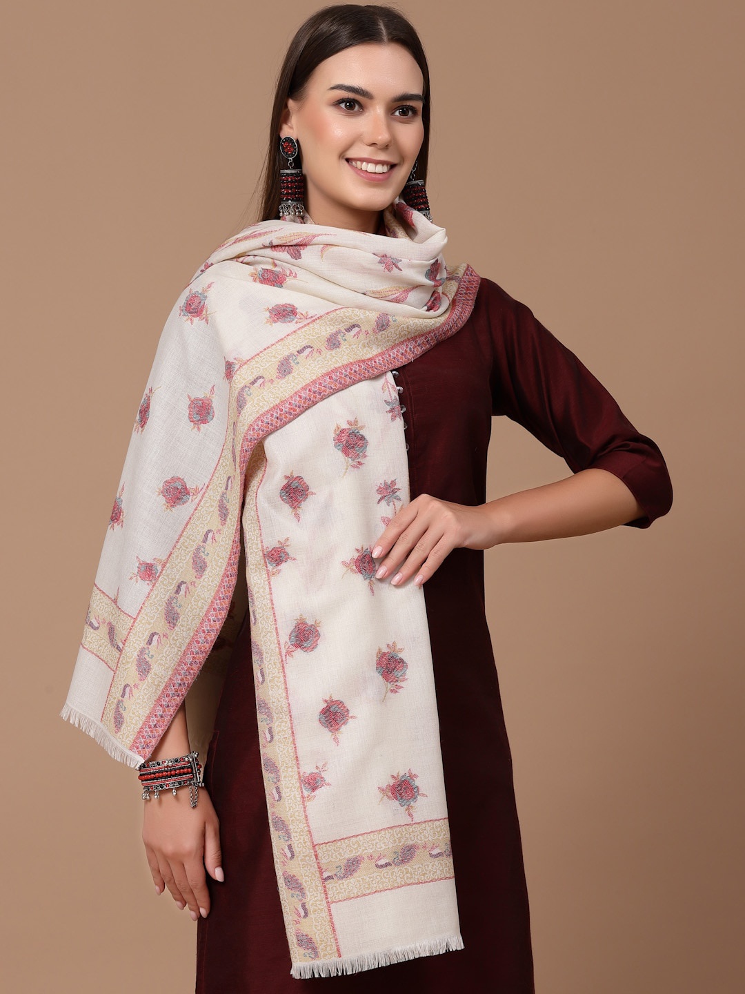 

SWI Stylish Floral Woven Design Shawl, White