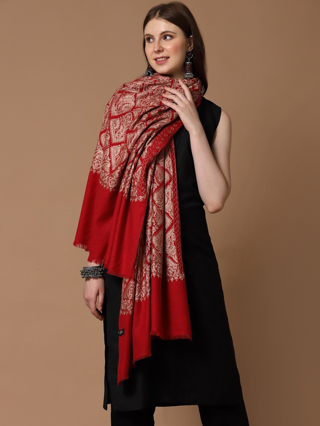 

SWI Stylish Ethnic Motifs Embroidered Woollen Shawl, Maroon