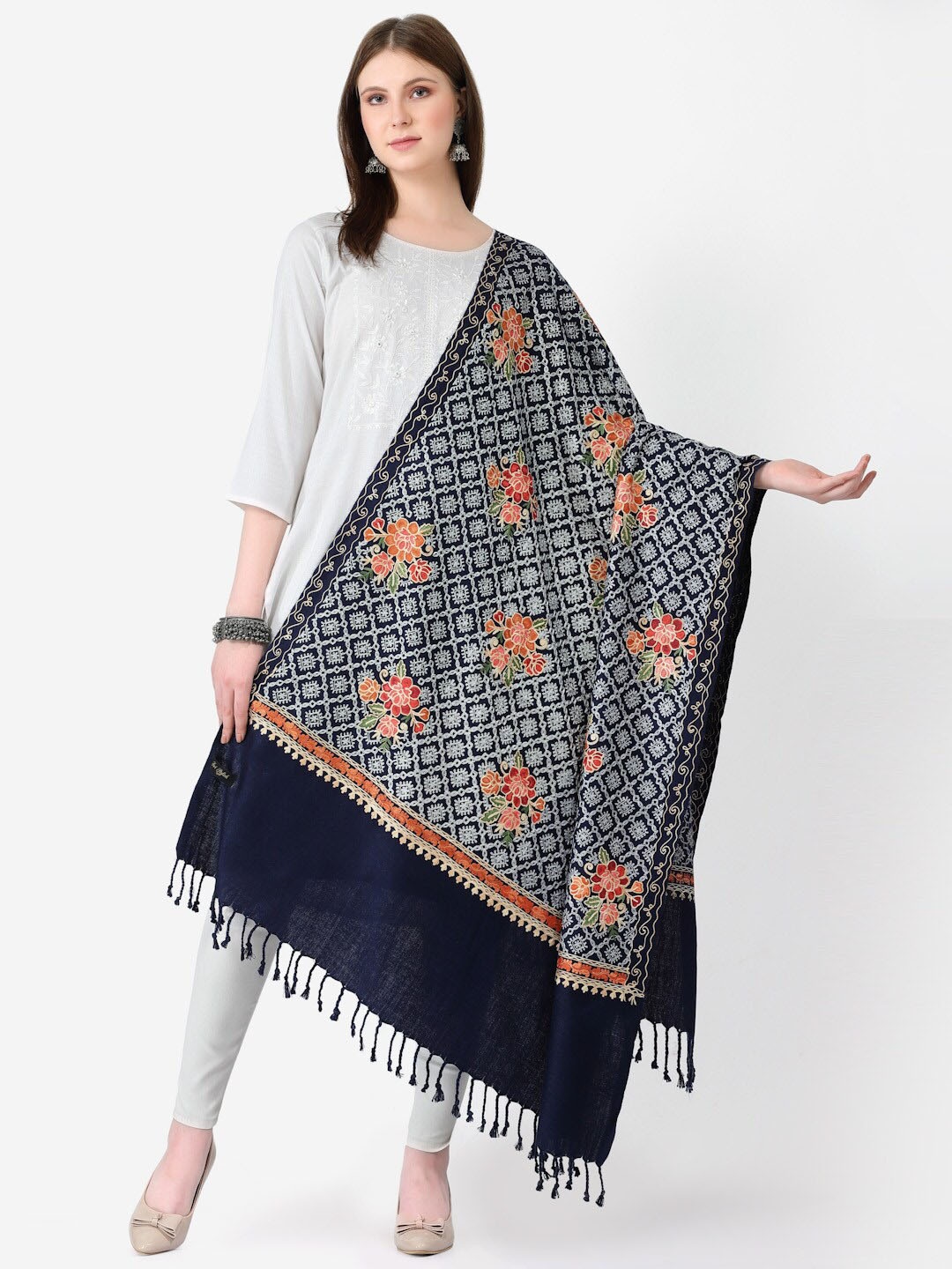 

SWI Stylish Floral Embroidered Shawl, Navy blue