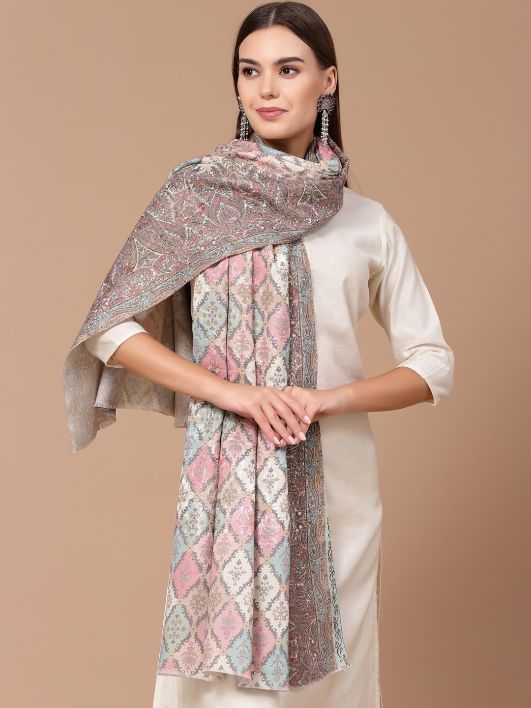 

SWI Stylish Floral Embroidery Aari Work Shawl, Brown