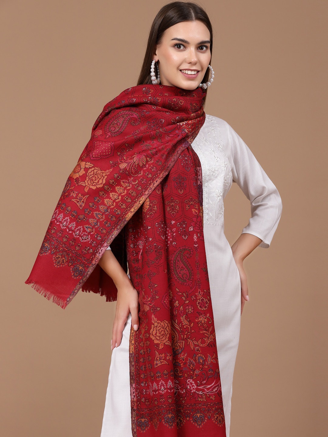 

SWI Stylish Ethnic Motif Woven-Design Woollen Shawl, Maroon