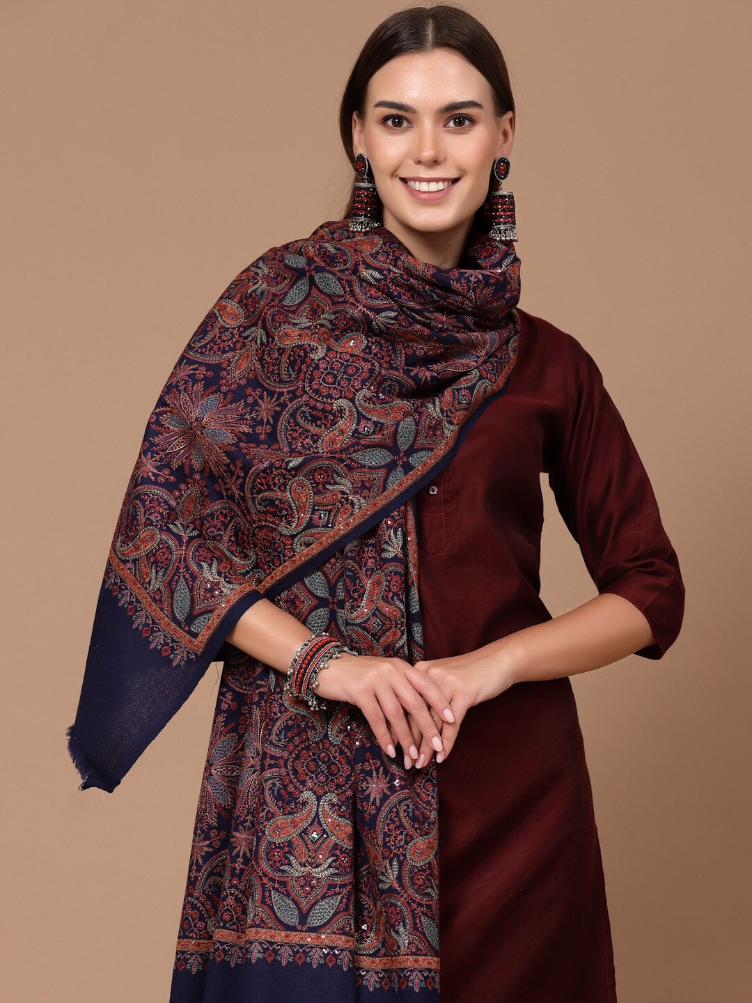 

SWI Stylish Ethnic Motifs Embroidered Woollen Shawl, Navy blue