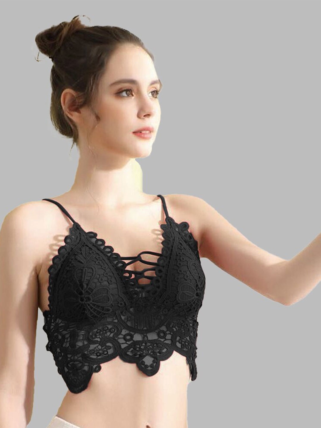 

Krelin Floral Lace Cotton Bralette Bra - Half Coverage, Black