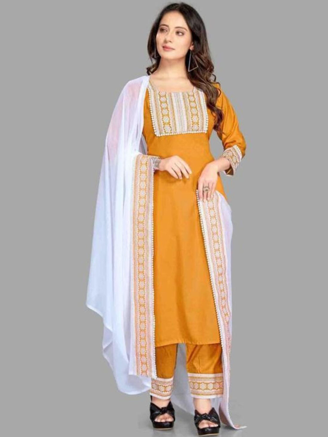 

WORIVOC Ethnic Motifs Yoke Design Square Neck Thread Work Kurta with Trousers & Dupatta, Mustard
