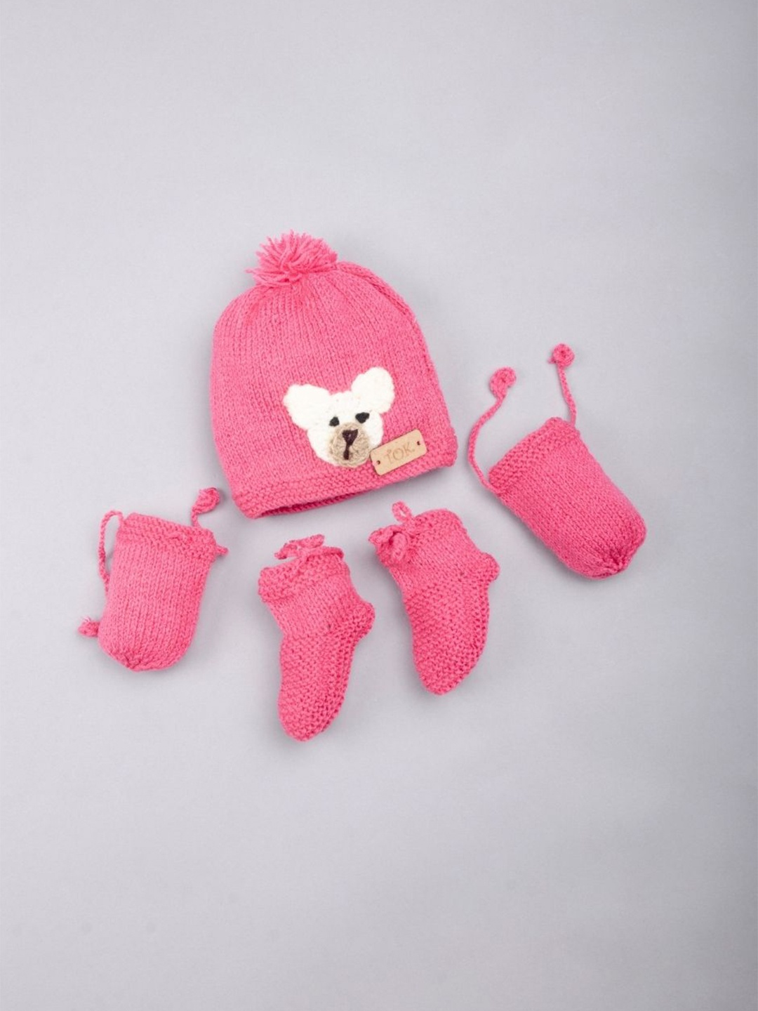 

The Original Knit Infants Kids Embroidered Beanie Cap With Socks & Mittens, Pink