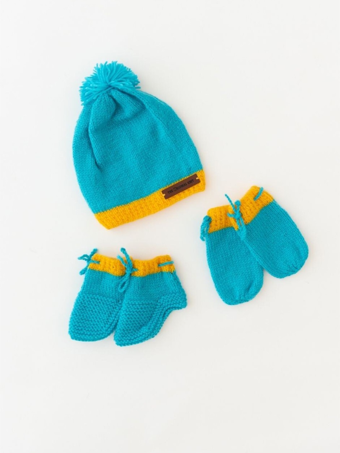 

The Original Knit Infant Kids Self Designed Acrylic Beanie With Socks & Mittens, Blue