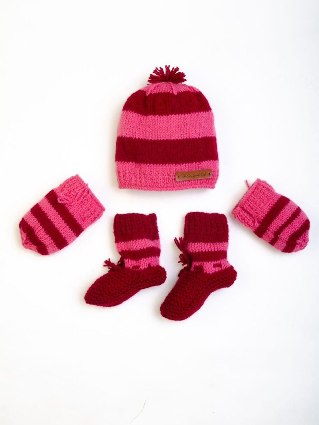 

The Original Knit Infant Kids Striped Acrylic Beanie With Socks & Mittens, Pink