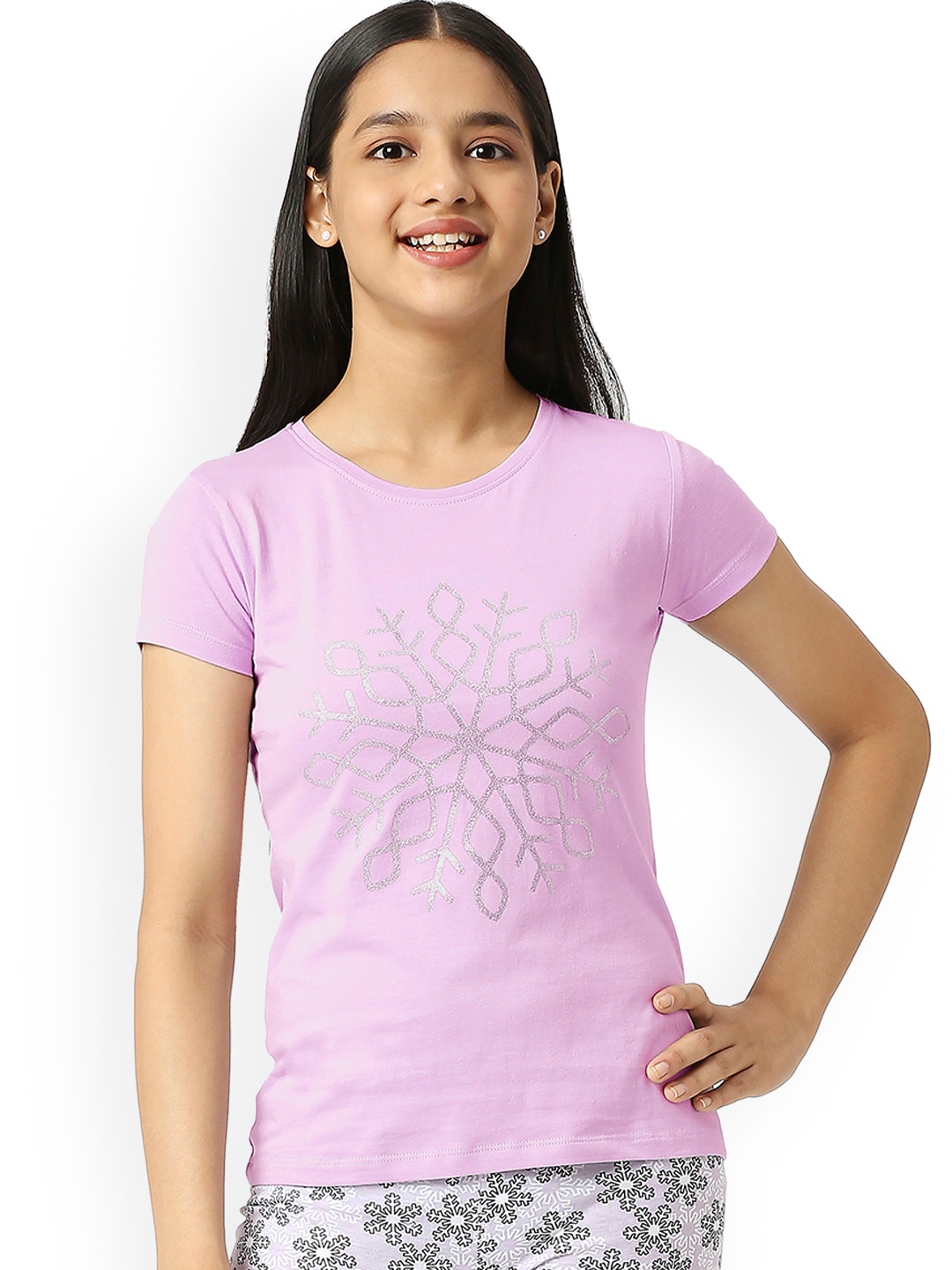 

SINI MINI Girls Printed Pure Cotton Lounge Tshirts, Lavender