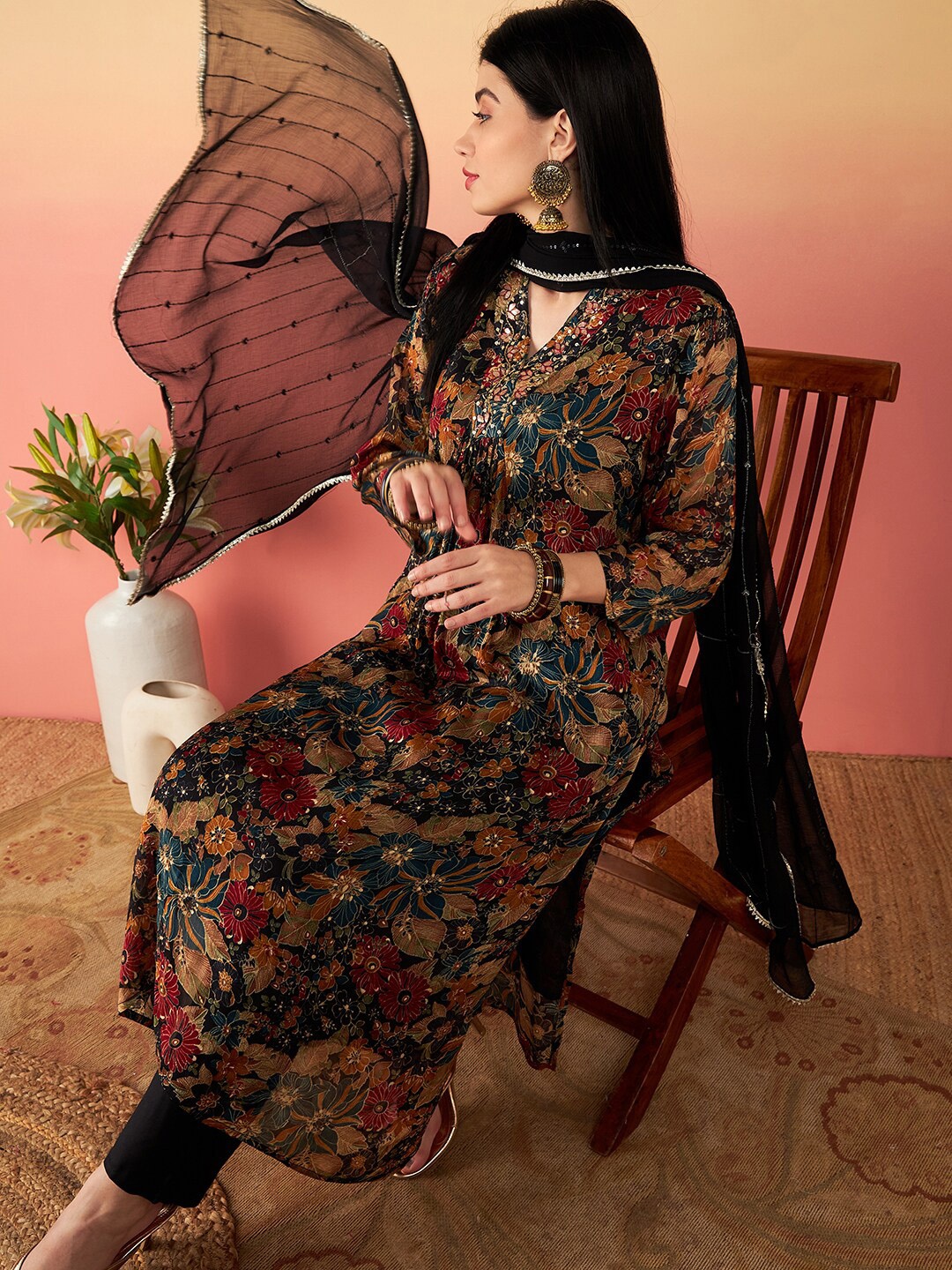 

Sangria Black Floral Printed & Sequined Empire Kurta With Trouser & Dupatta