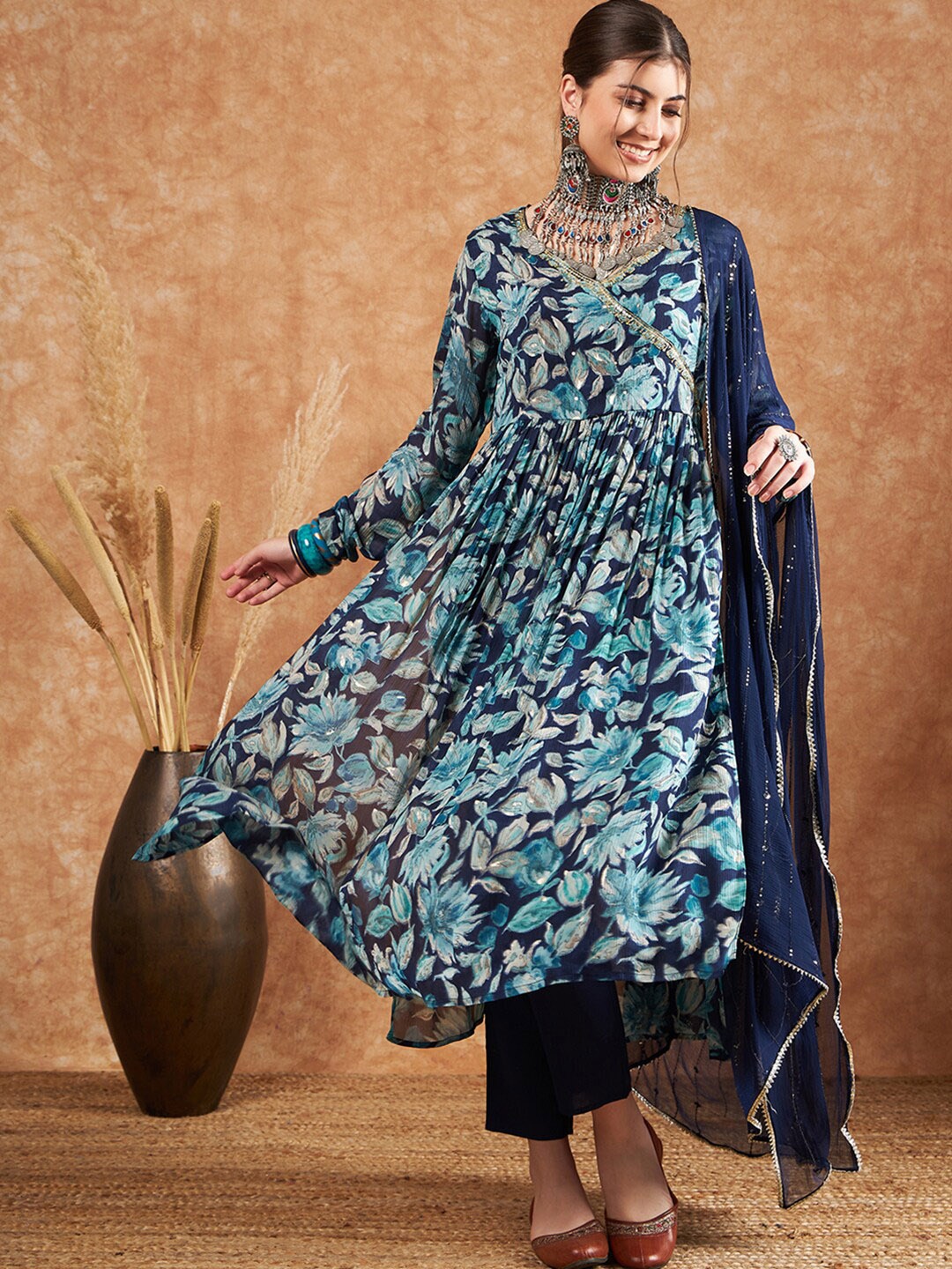 

Sangria Blue Floral Printed & Sequined Angrakha Kurta With Trouser & Dupatta