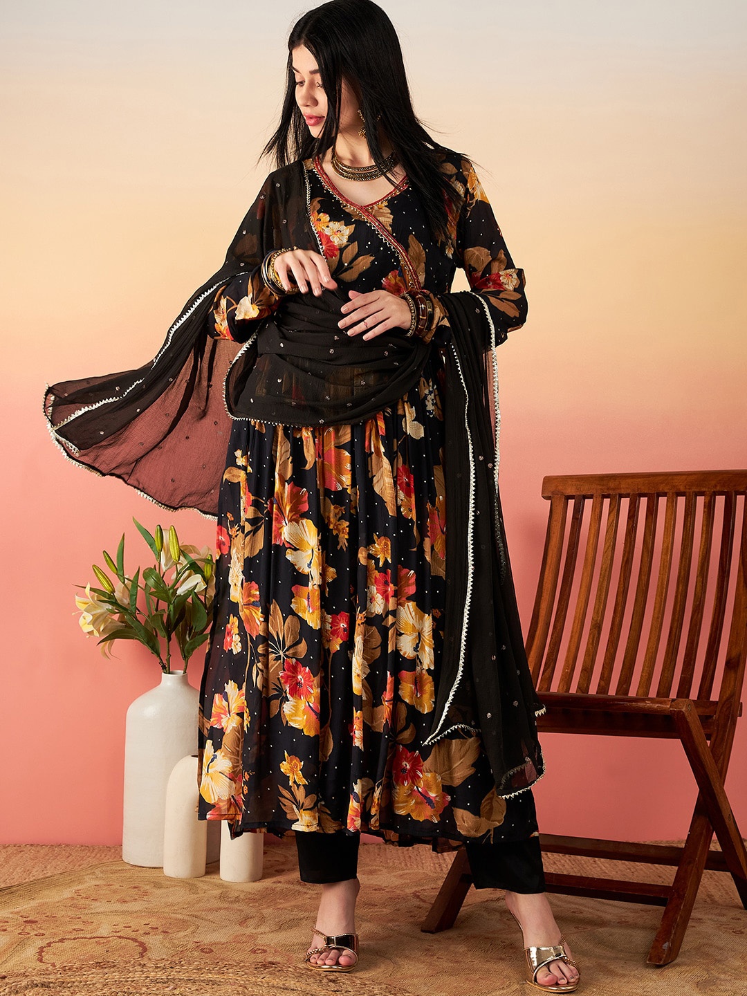 

Sangria Black Floral Printed Anarkali Kurta With Trousers & Dupatta