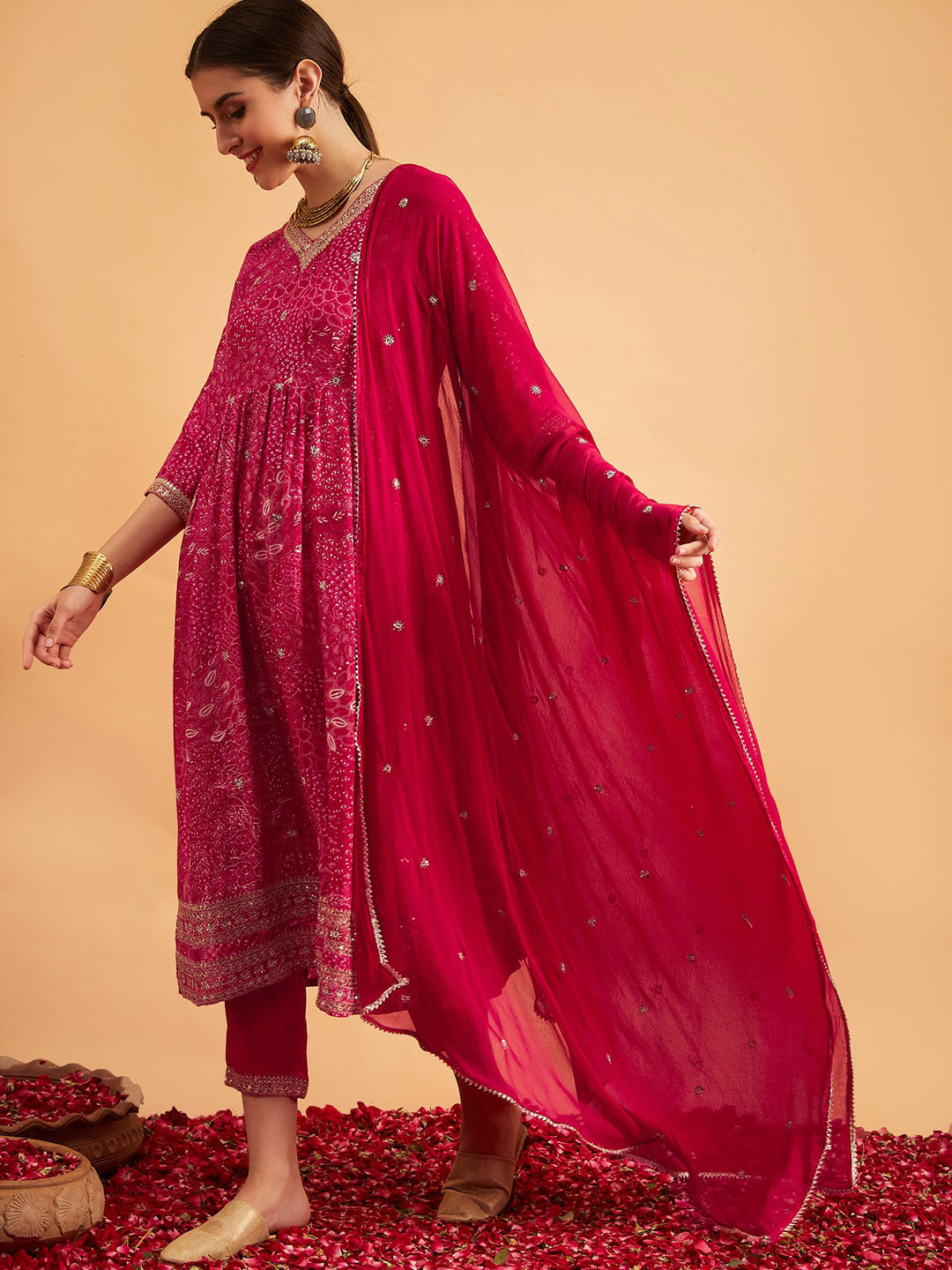 

Sangria Ethnic Motifs Printed Sequinned Anarkali Kurta With Trousers & Dupatta, Magenta