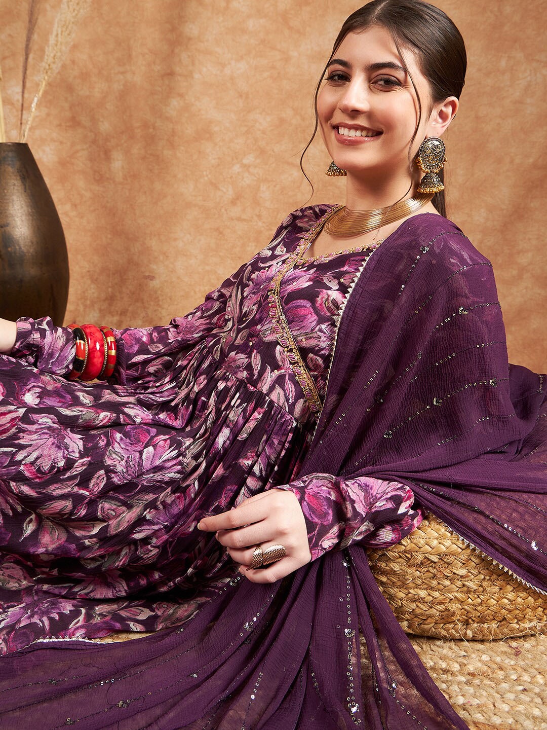 

Sangria Floral Printed Sequined Silk Georgette Anarkali Kurta With Trouser & Dupatta, Purple