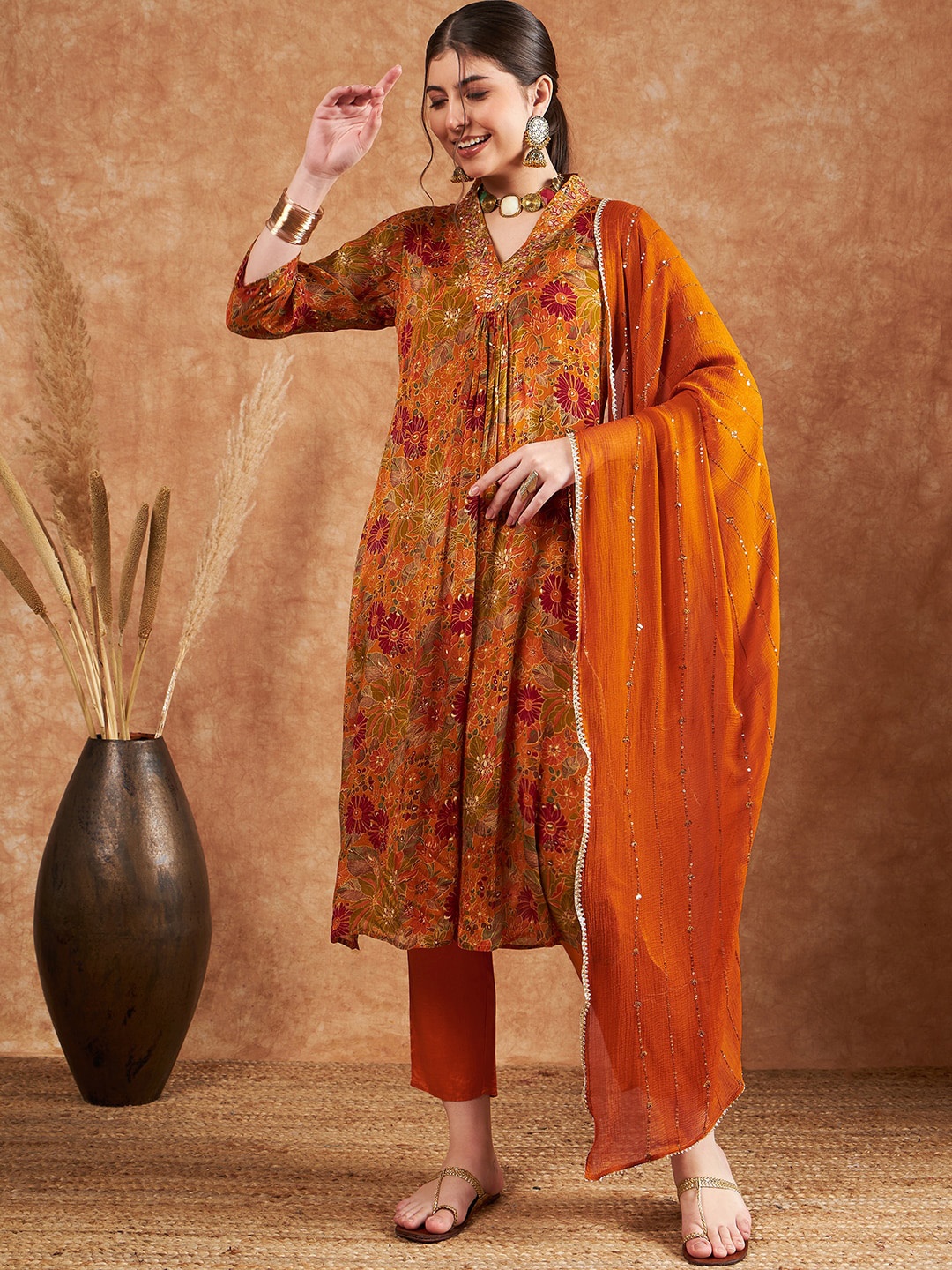 

Sangria Floral Printed Sequined Chinon Kurta With Trouser & Dupatta, Mustard