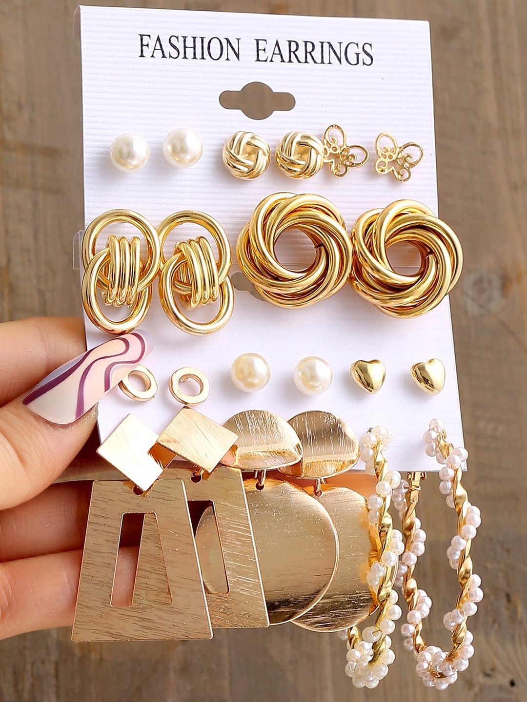 

Shining Diva Fashion Set Of 11 Gold-Plated Contemporary Stud & Hoop Earrings