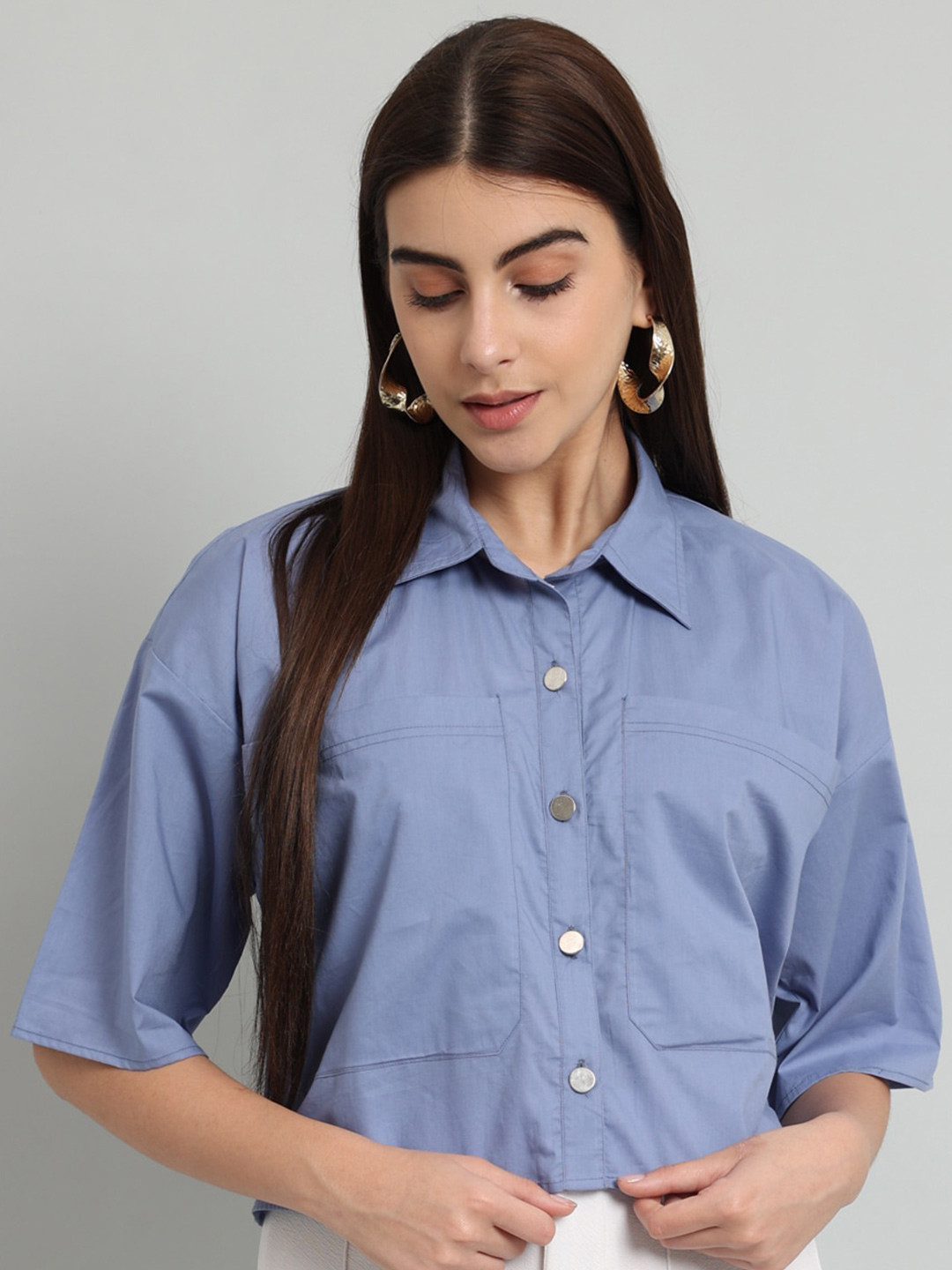

Just Wow Cotton Shirt Style Crop Top, Blue
