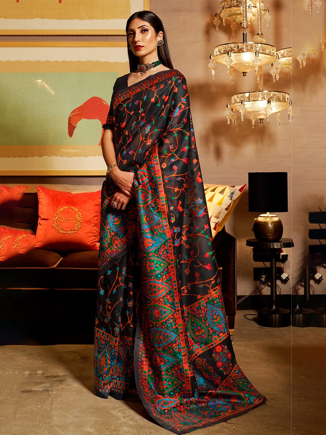 

MOKSHA DESIGNS Woven Design Pure Silk Kanjeevaram Saree, Black