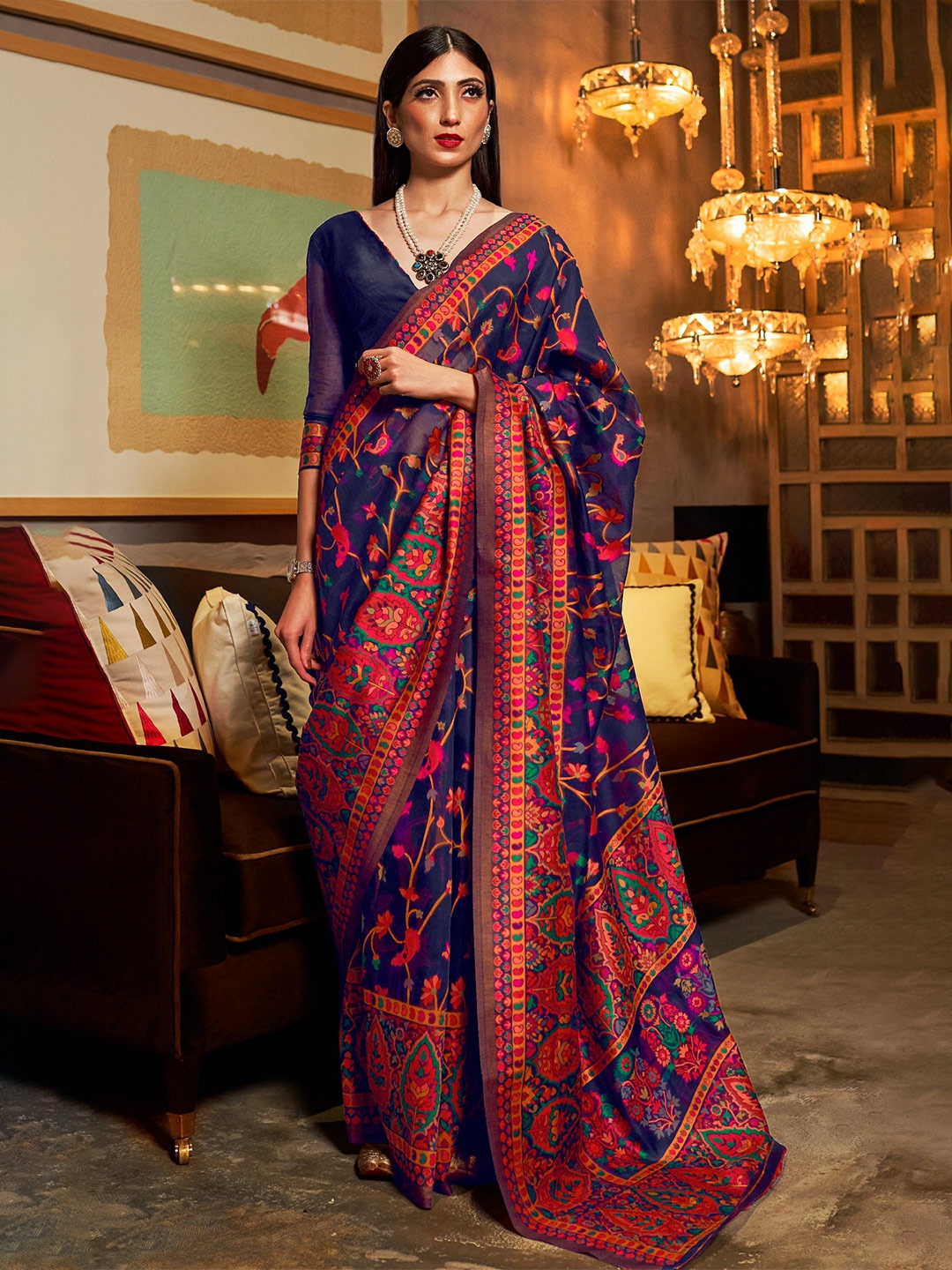 

MOKSHA DESIGNS Ethnic Motifs Woven Design Pure Silk Kanjeevaram Saree, Blue