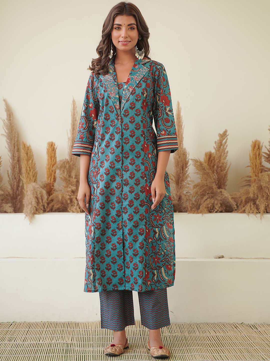 

JAIPURIBANNO Ethnic Motifs Printed Lapel Collar Pure Cotton straight Kurta with Trousers, Blue