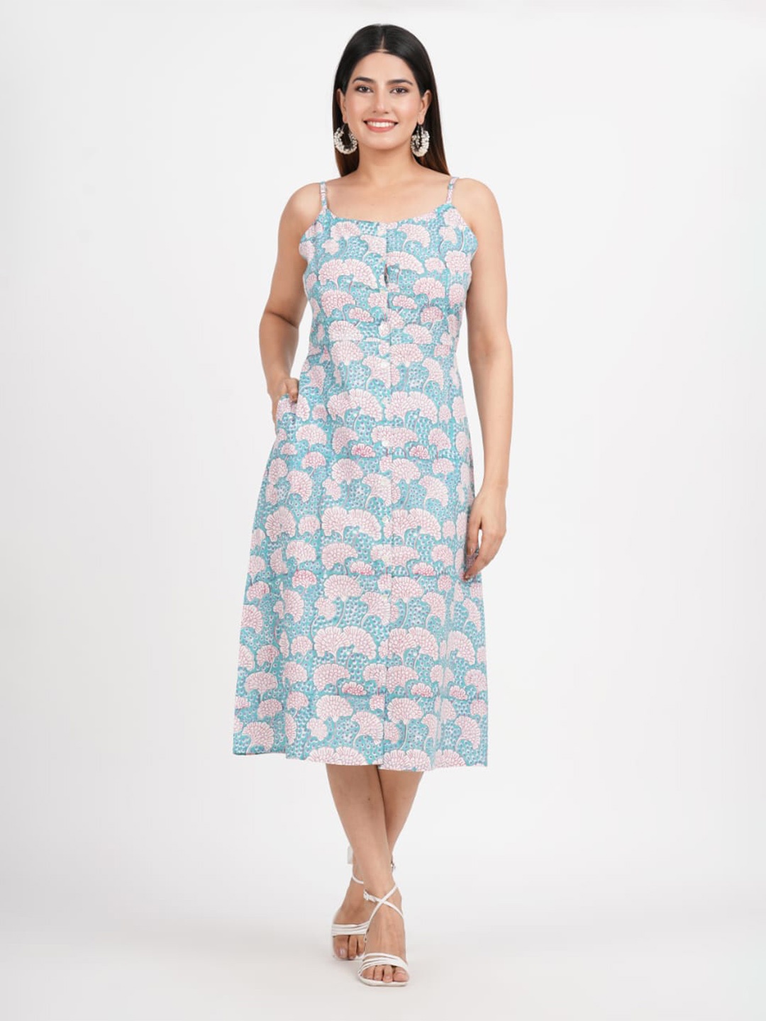 

JAIPURIBANNO Floral Printed Shoulder Strap Cotton A-Line Midi Dress, Sea green