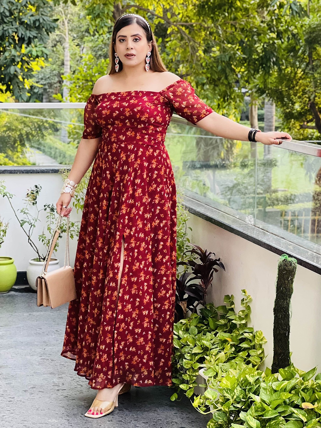 

LAKHINA COUTURE Floral Printed Off-Shoulder Maxi Dress, Maroon