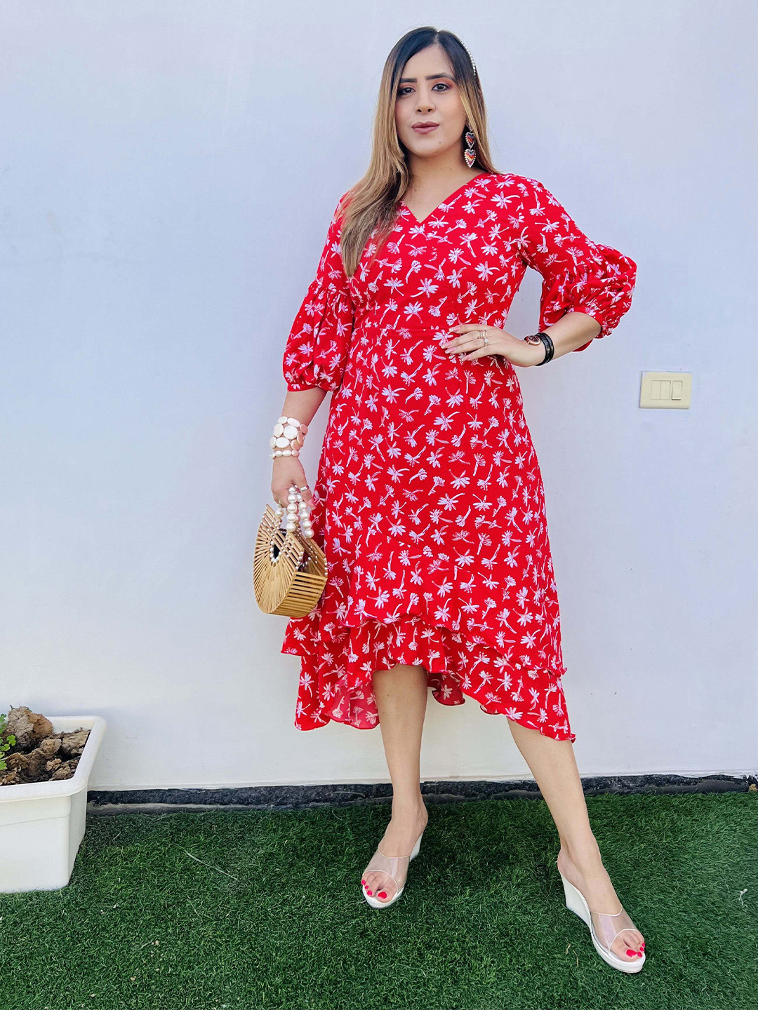 

LAKHINA COUTURE Floral Printed V-Neck Puff Sleeves Fit & Flare Midi Dress, Red