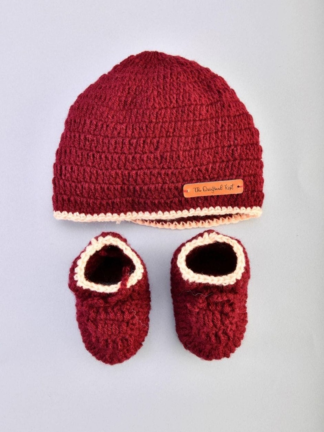 

The Original Knit Infant Kids Self Design Acrylic Beanie With Socks, Maroon