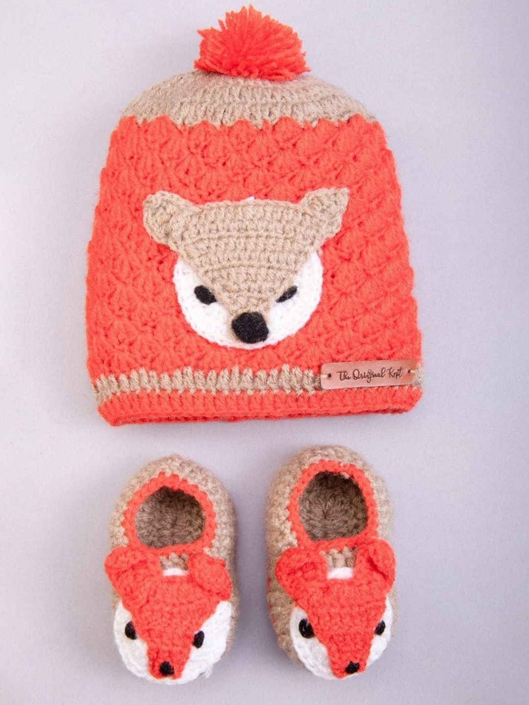 

The Original Knit Infants Fox Self Design Acrylic Beanie & Socks, Orange
