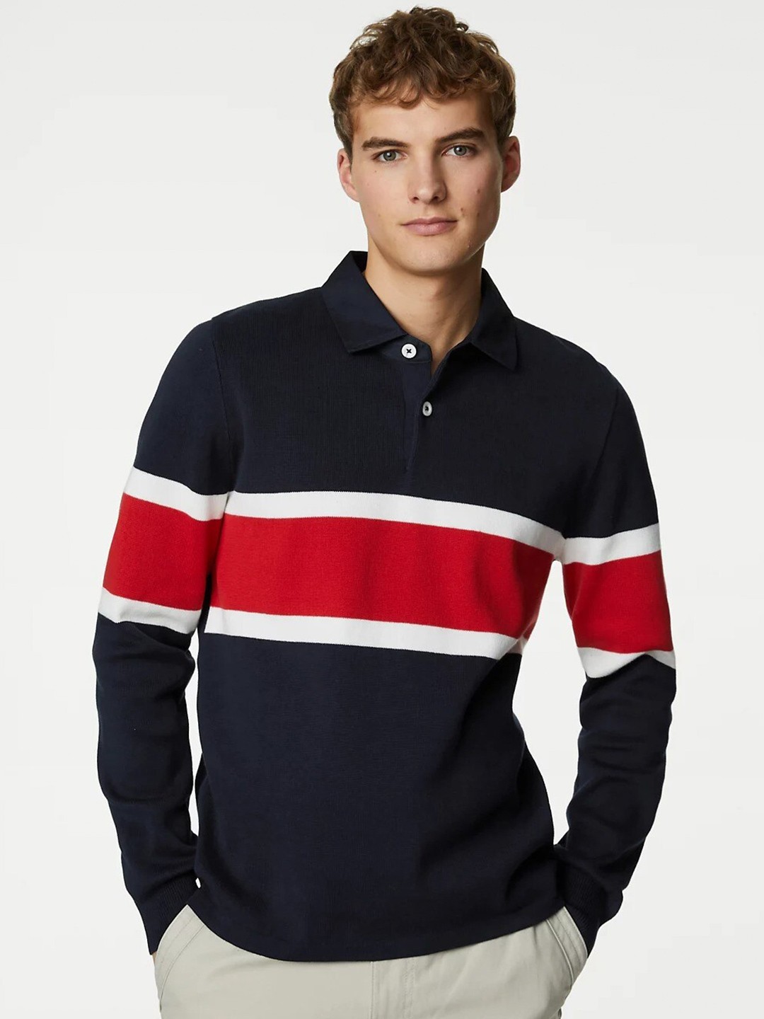 

Marks & Spencer Striped Polo Collar T-shirt, Navy blue