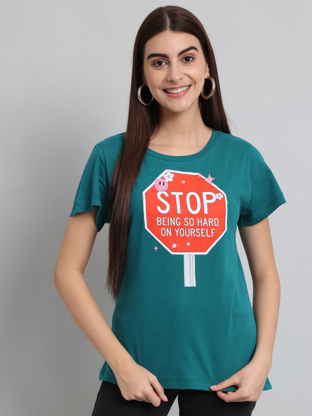 

Just Wow Typography Printed Cotton T-shirt, Teal