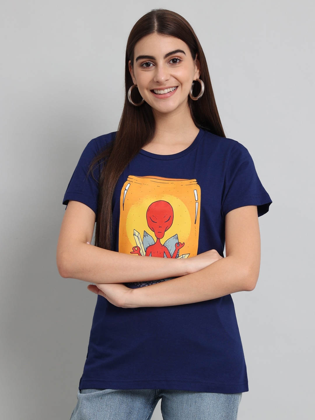 

Just Wow Graphic Printed Cotton T-shirt, Navy blue