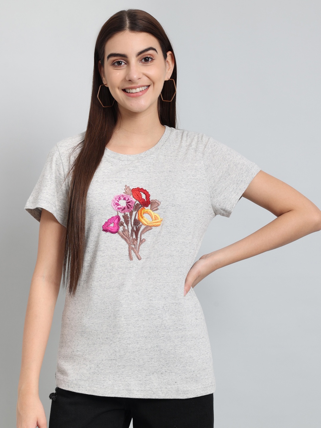 

Just Wow Embroidered Detail Cotton T-shirt, Grey